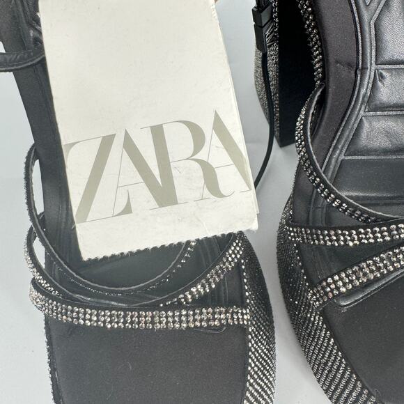 Zara Rhinestone Chunky High Heeled Platform Sandals Black & Silver Size 6 - Picture 6 of 12